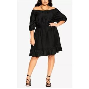 CITY CHIC Trendy Plus Size Black Mini Flirt Off Shoulder Dress Size 12